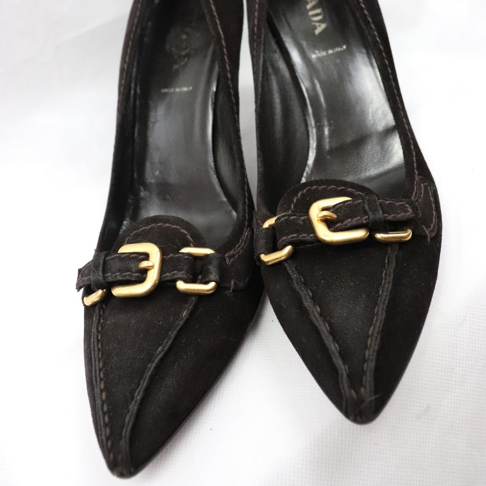 Prada Suede Kitten Heels w/ Gold Buckle